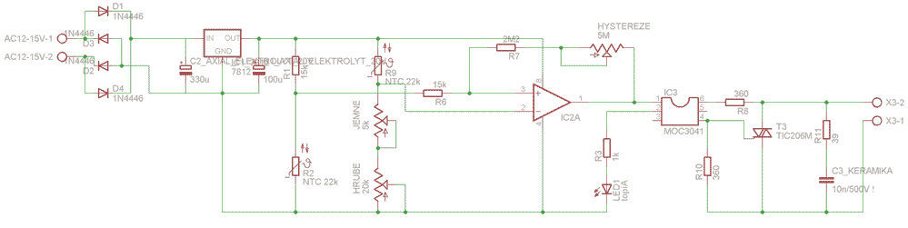 Schma zapojen jednoduchho termostatu s NTC termistorem